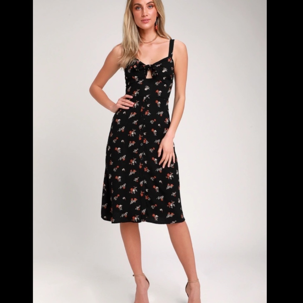 Lulus Are You Mine Black Floral tie Midi Dress, M